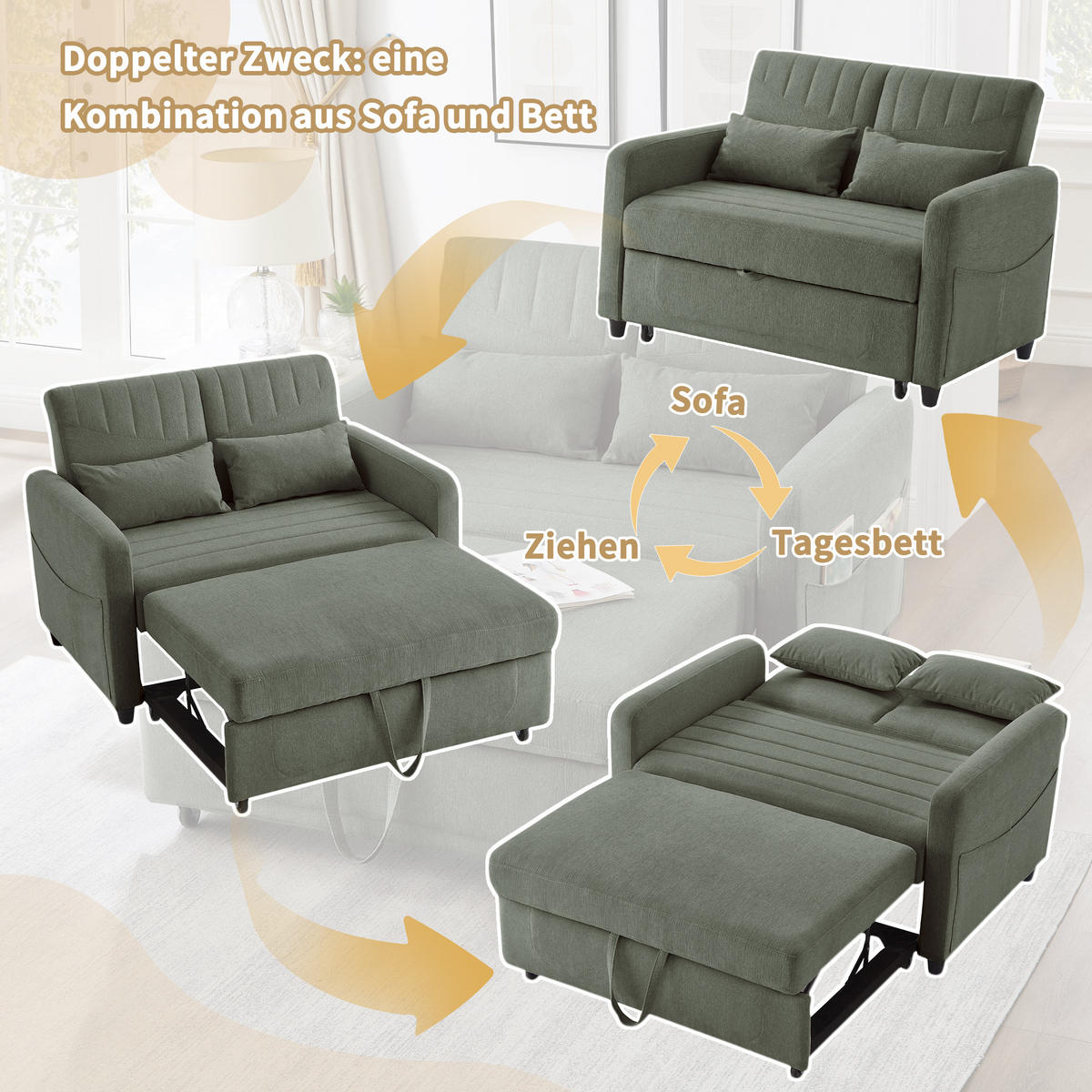 SOFABETT Baumwoll-Leinen mit ausziehbarer Schlaffunktion Olivgrün 114/77/82,5 cm - Olivgrün, Textil (77/82.5/114cm) - Redom