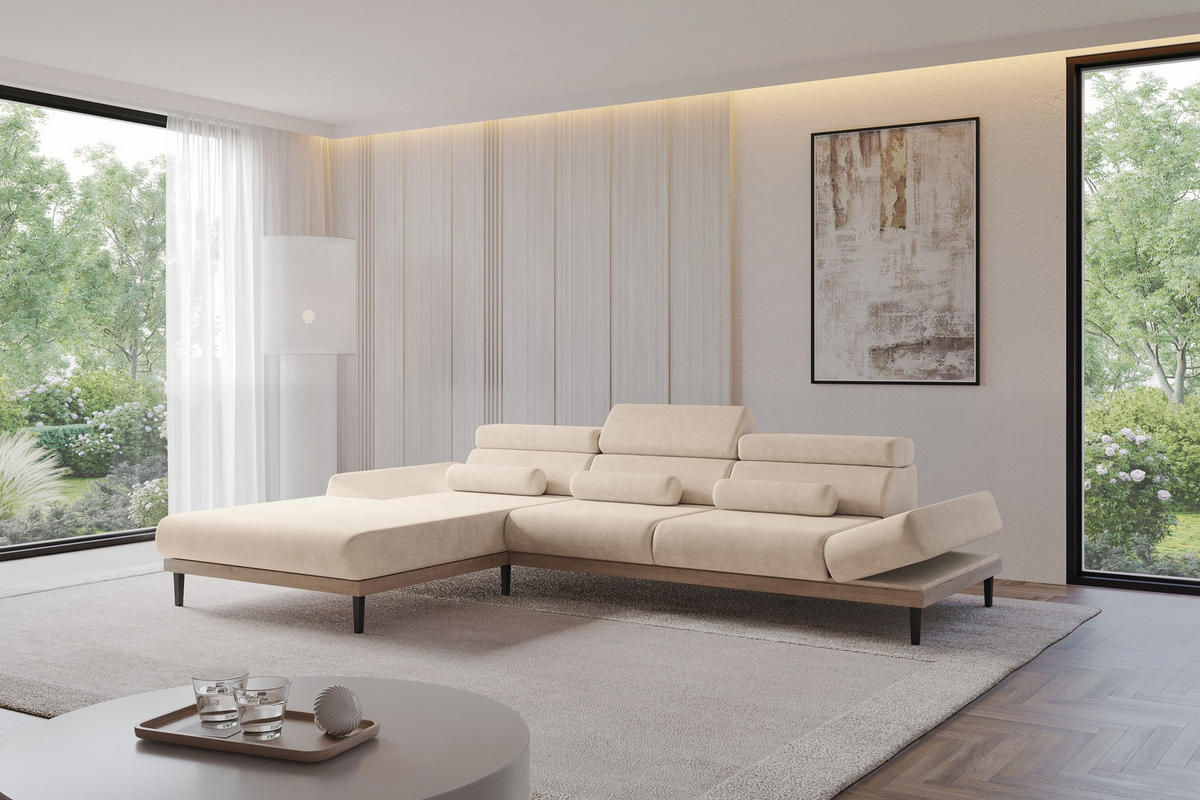 ELEKTRISCHES ECKSOFA Links MONA 316x205x85 Beige Velours - Sahara, Holzwerkstoff/Textil (316/205cm) - ALTDECOR