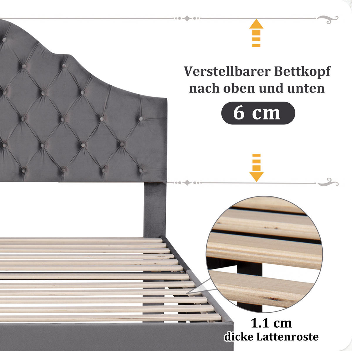 BETT mit Lattenrost 90x200 cm Samt Gray - Grau, Metall (90/200cm) - Meubliv