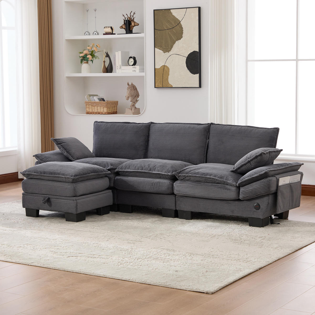 3-SITZER Sofa aus Cord 260x132x84 cm mit USB-C & Hocker, dunkelgrau - Dunkelgrau, Textil (132/84/260cm)