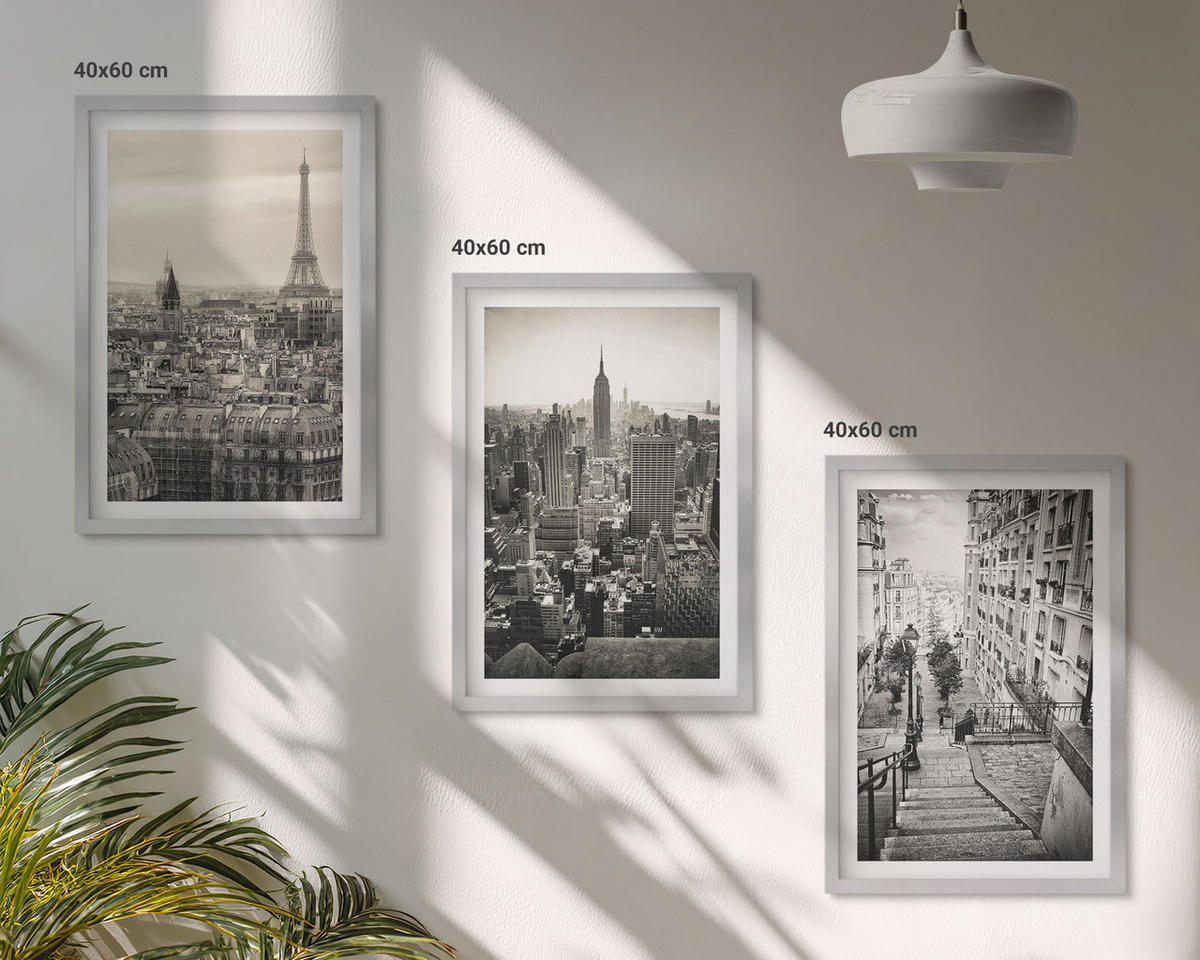 WANDBILDER 3er Set - 40x60 cm Silberner Rahmen - Aussicht Paris New York Treppen - Silberfarben, Kunststoff (40/60cm) - ArtPrintCave