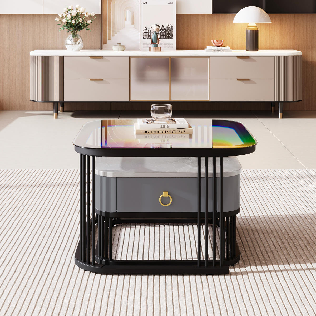COUCHTISCH MDF mit Marmoroptik & Glas schwarzes Metallgestell integrierte Schublade, 60/60/42 + 50/50/34 cm, Schwarz und Grau - Schwarz, Holzwerkstoff (60/60/42cm) - Redom