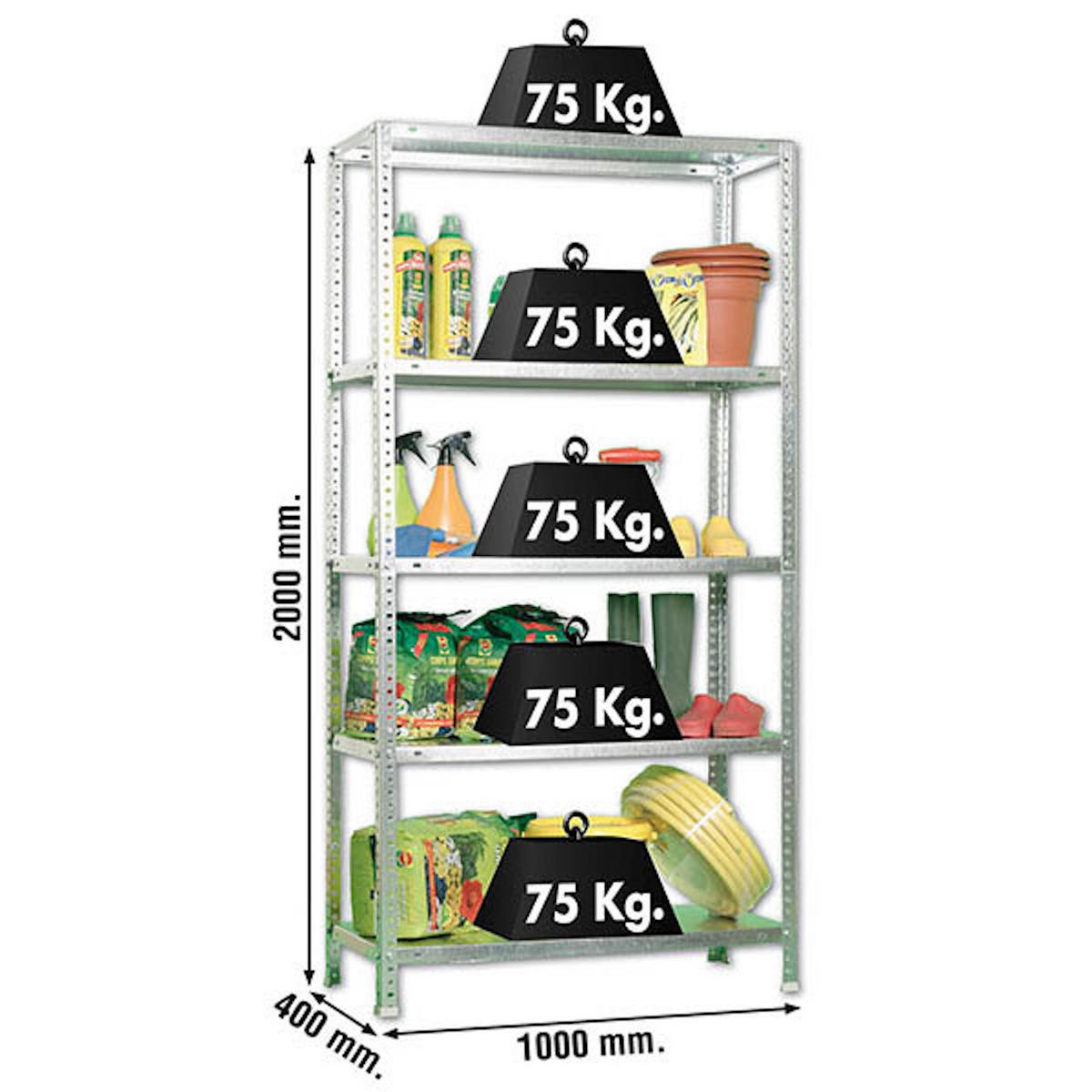 SCHRAUBREGAL PANDA TALL | HxBxT 200x100x40cm | 5 Fachböden | Fachlast 75kg | Verzinkt - Silberfarben, Metall (100/200/40cm) - PROREGAL