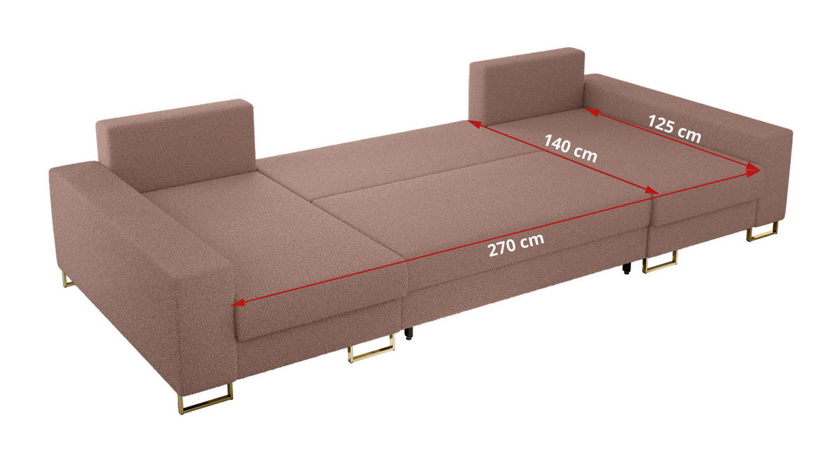WOHNLANDSCHAFT DORIAN U Bouclé Rosa - Goldfarben/Rosa, Textil/Metall (312/95/138cm) - MKS
