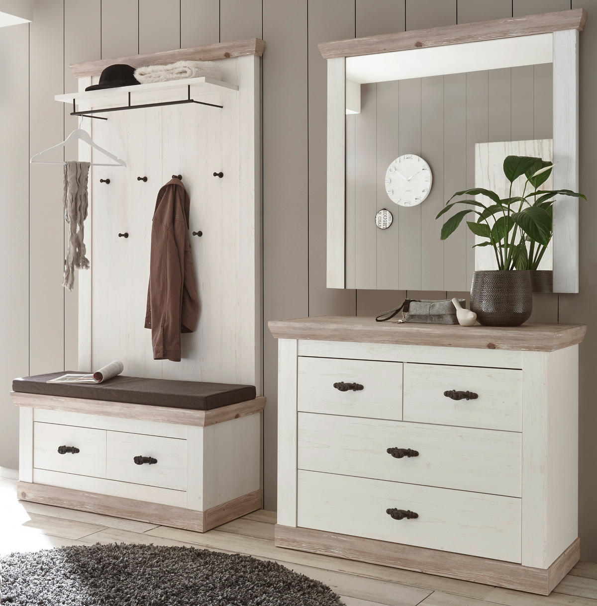 KOMMODE Pinie weiß, Oslo Pinie Landhaus, Schubladenkommode, 107 x 84 cm - Weiß/Pinienfarben, Holzwerkstoff/Metall (107/87/45cm) - Furn.Design