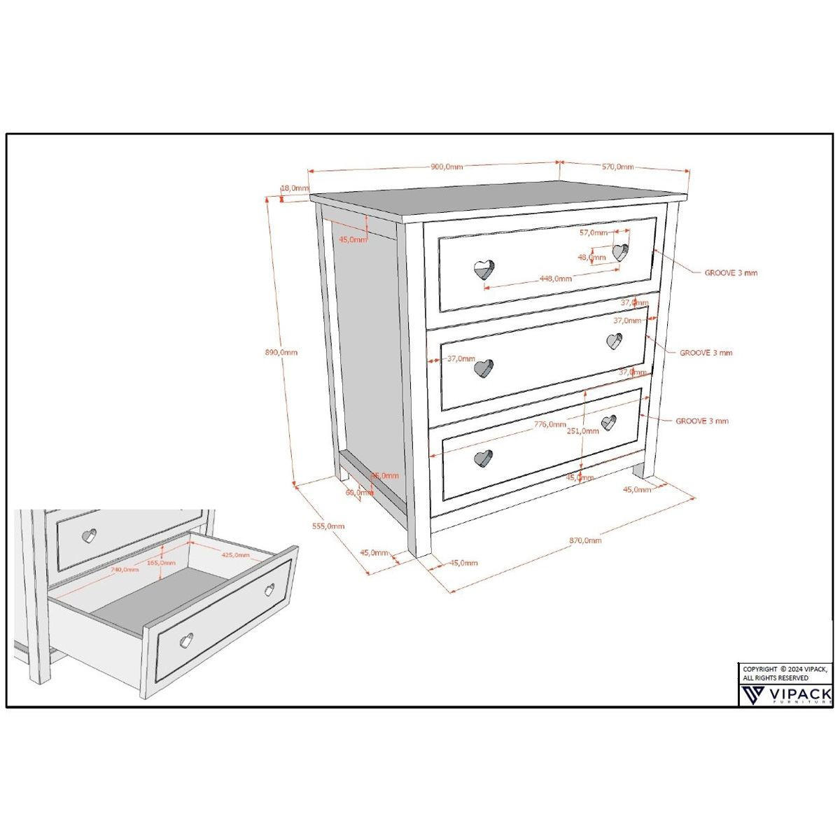 KOMMODE 3 Schubladen Kamila Weiß Holz Soft Close - Weiß, Holz (90/89/76cm) - 58aufmkessel