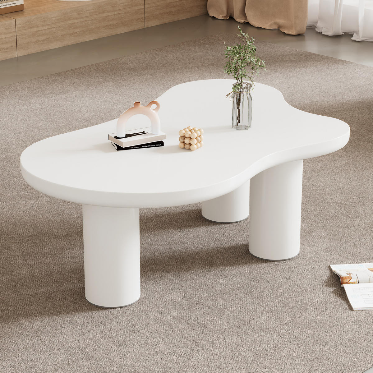 COUCHTISCH Wolkenform 107/66/40,5 cm Weiß MDF und PVC mit Filzunterlage - Weiß, Holzwerkstoff (107/66/40.5cm) - OKWISH