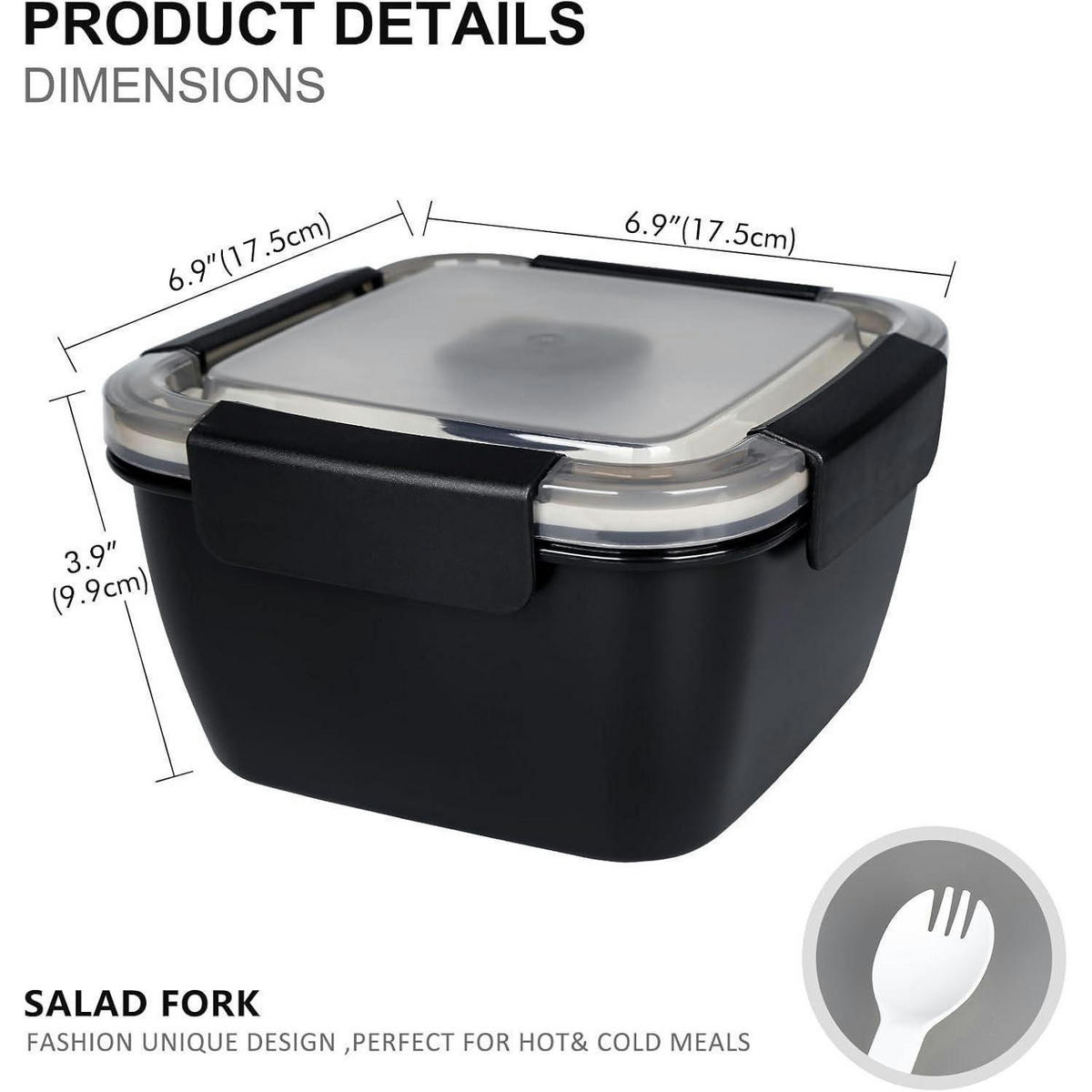 LUNCHBOX 3 Fächer mit Dressingbehälter und Gabel 1500 ML Schwarz - Schwarz, Kunststoff (17.5/17.5/9.9cm)