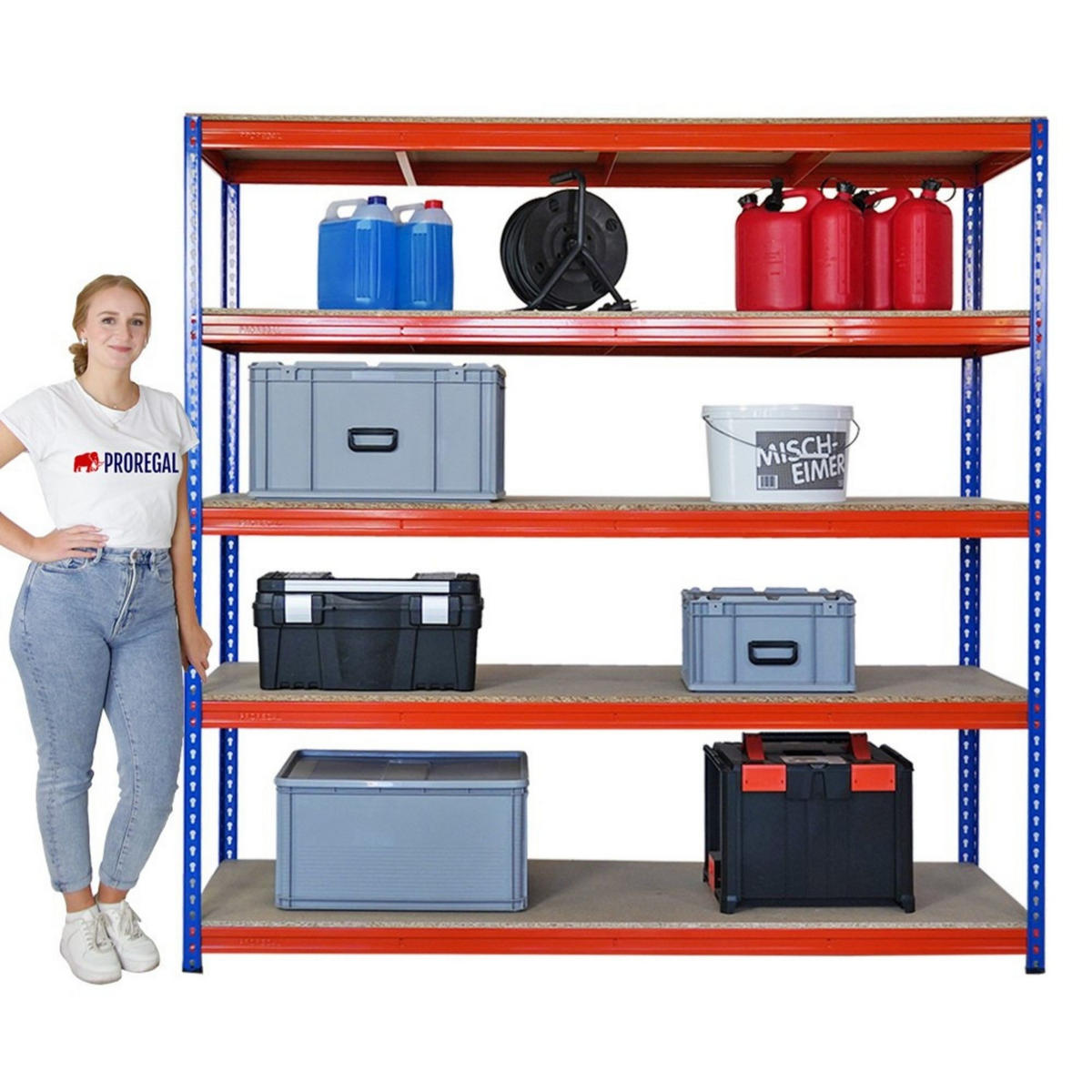 SCHWERLASTREGAL Bison 200x200x60 cm 5 Spanplatten-Ebenen 16mm Fachlast 600 kg Blau-Orange - Blau, Metall (200/200/60cm) - PROREGAL