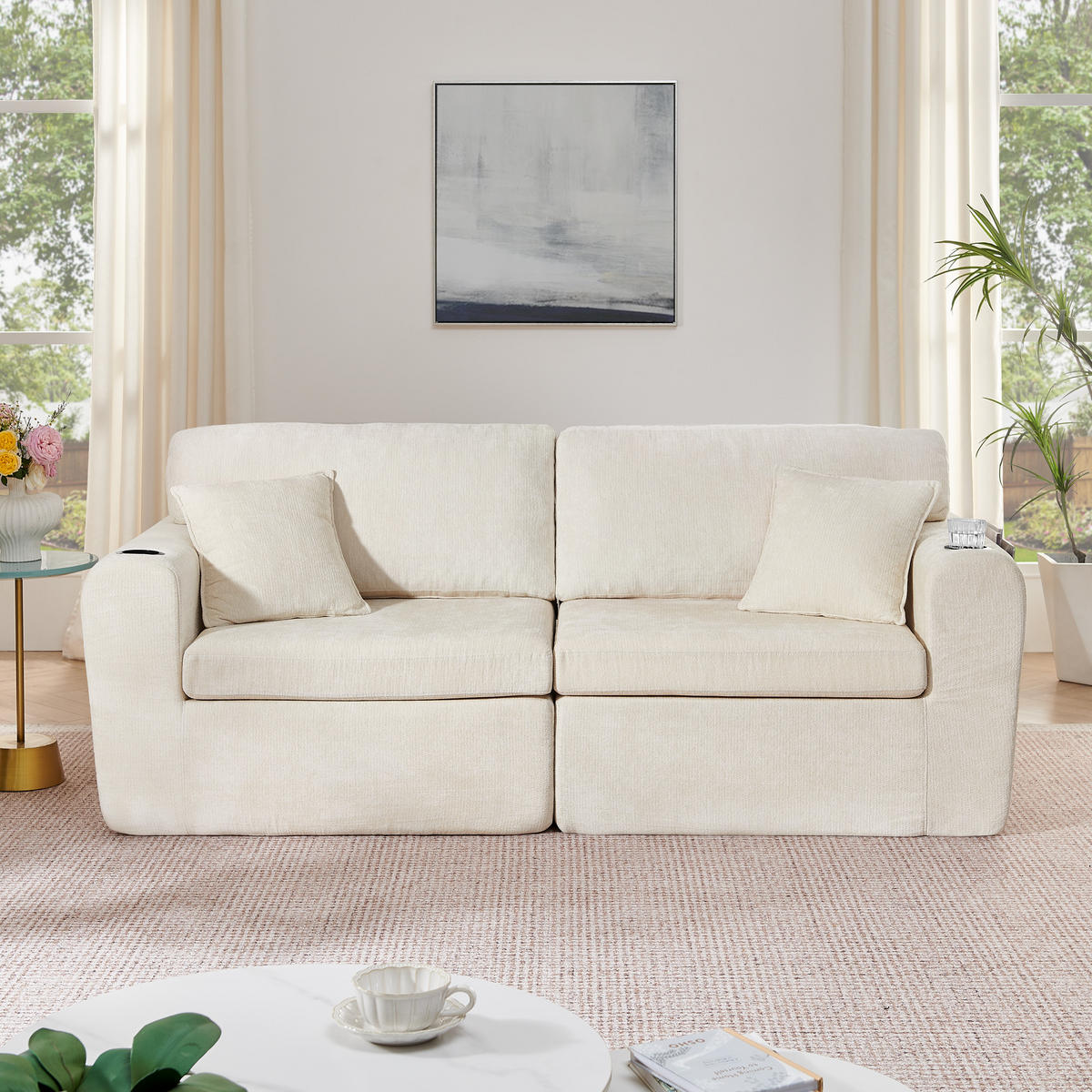 2-SITZER SOFA Chenille Beige mit USB, Kissen, Getränkehalter und Tasche - Beige, Textil (220/89/100cm) - WISHDOR