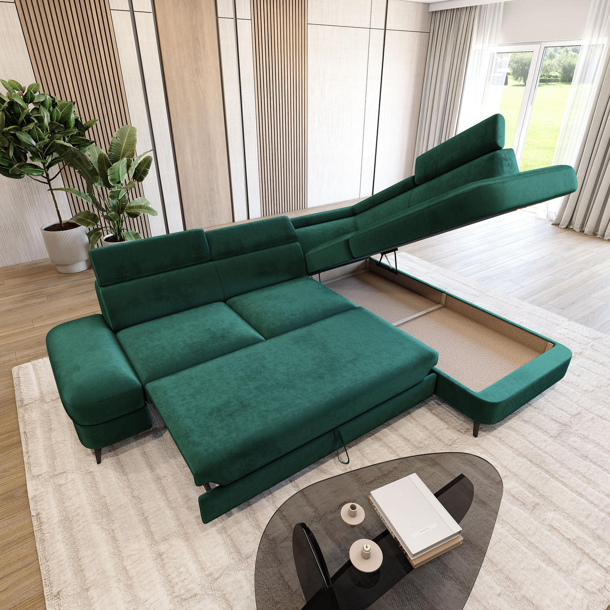 ECKSOFA AVISE M R-S Grün Velours-Stoff mit Schlaffunktion - Grün, Holzwerkstoff/Textil (268/195cm) - MASSENO