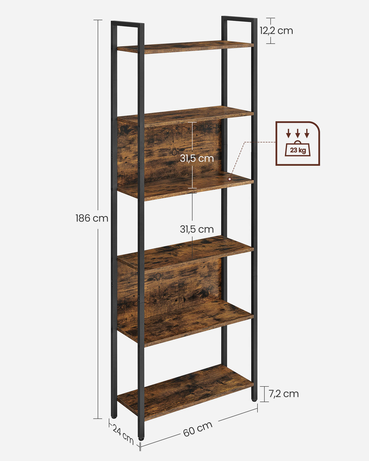 BÜCHERREGAL Bently - Braun, Holzwerkstoff (24/186/60cm) - VASAGLE