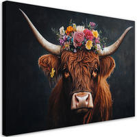 WANDBILD schottische hochlandkuh blumen - Multicolor, Textil (60/40cm) - Feeby