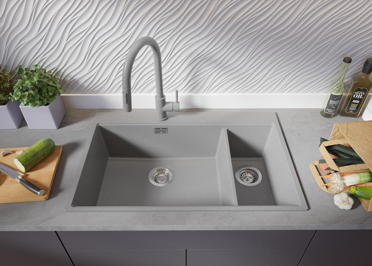 GRANITSPÜLE Oslo Duo, 2-er set Grau 78/50 cm 2 Becken + Küchenarmatur 40/20 cm + Ablauf-Set + Schneidebrett ab 80er Unterschrank - Chromfarben/Beige, Kunststoff (78/20/50cm) - Primagran