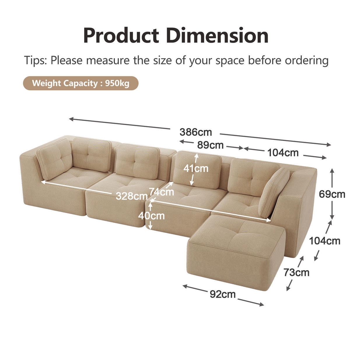 ECKSOFA modular mit tiefer Sitzfläche 74 cm Cord Beige - Beige, Kunststoff (177/386.1cm) - Meubliv