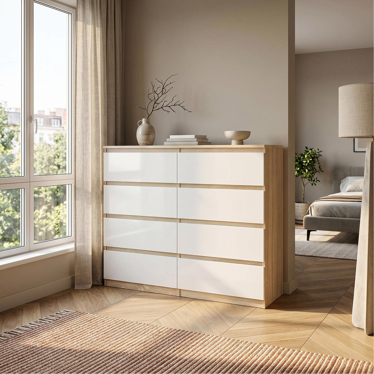 KOMMODE NUDO 120/101,5/39cm mit 8 Schubladen Türen Sonoma Eiche - Weiß/Sonoma Eiche, Holzwerkstoff (120/101.5/39cm) - MASSENO