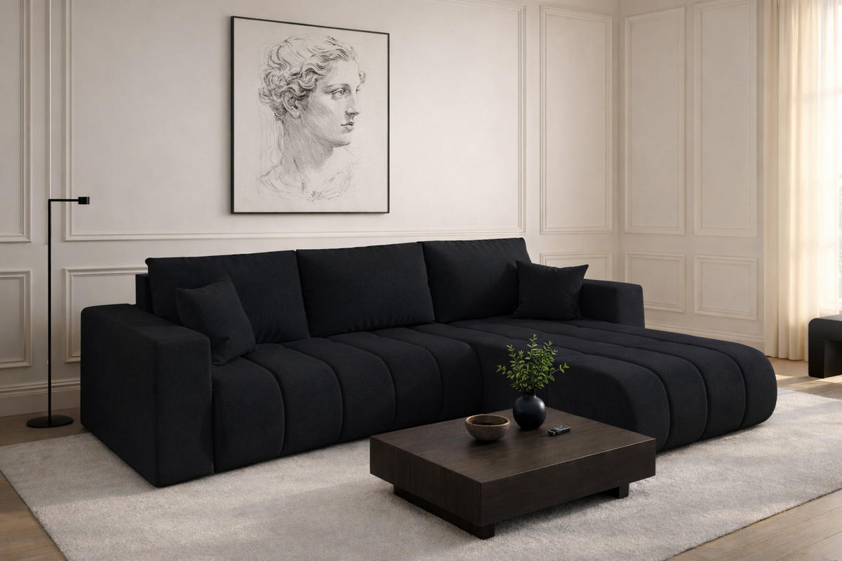 ECKSOFA mit schlaffunktion und bettkasten MILO PREMIUM, stoff WIND, Schwarz, Rechts - Schwarz, Holz (280/190cm) - Kaiser Möbel