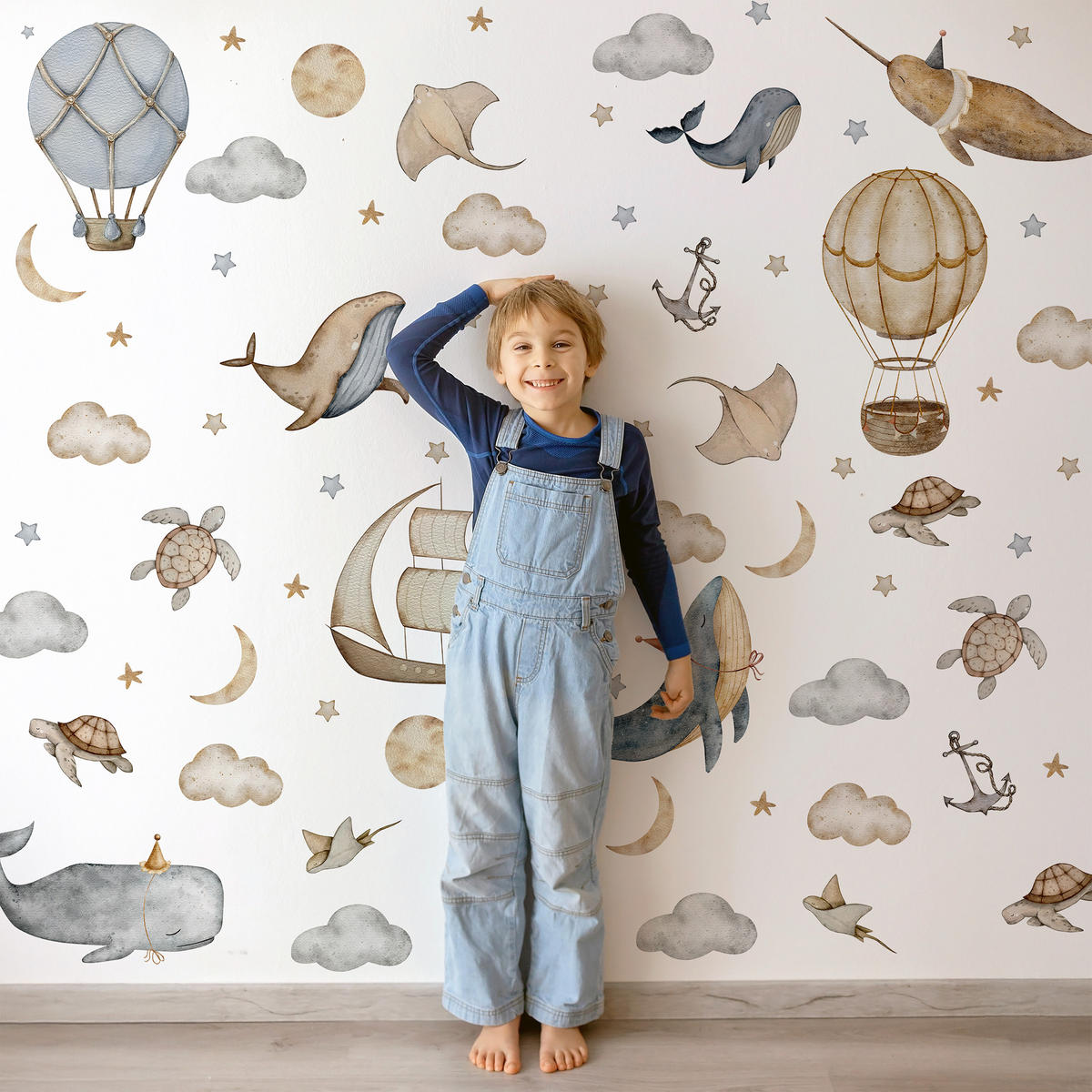 WANDSTICKER SET Wale Schildkröten Wolken Luftballons Sterne 120x60 - Beige/Braun, Papier (120/60/1cm) - Muralo