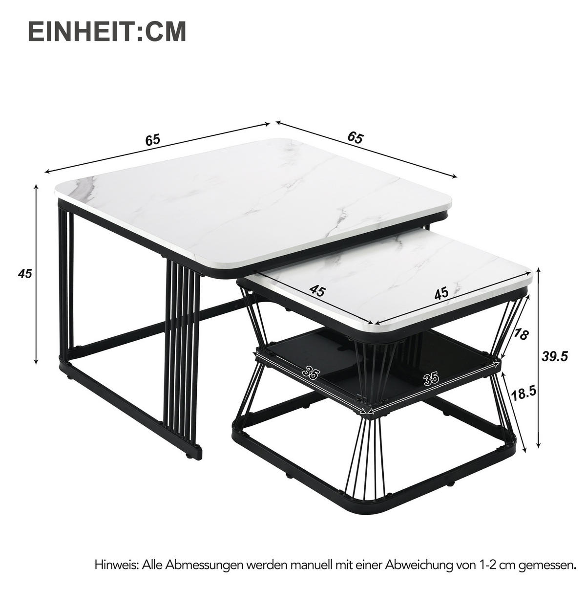COUCHTISCH 65/45 cm weiß aus MDF in Marmoroptik mit Stahlgestell - Weiß, Holzwerkstoff (65/65/45cm) - OKMYHOME