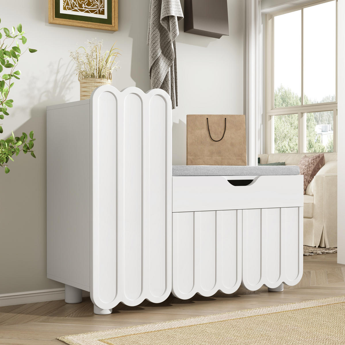 SCHUHSCHRANK 3 Türen Schublade Sitzpolster Weiß Platzsparend - Weiß, Holzwerkstoff (35/74.5/90cm) - FLIEKS