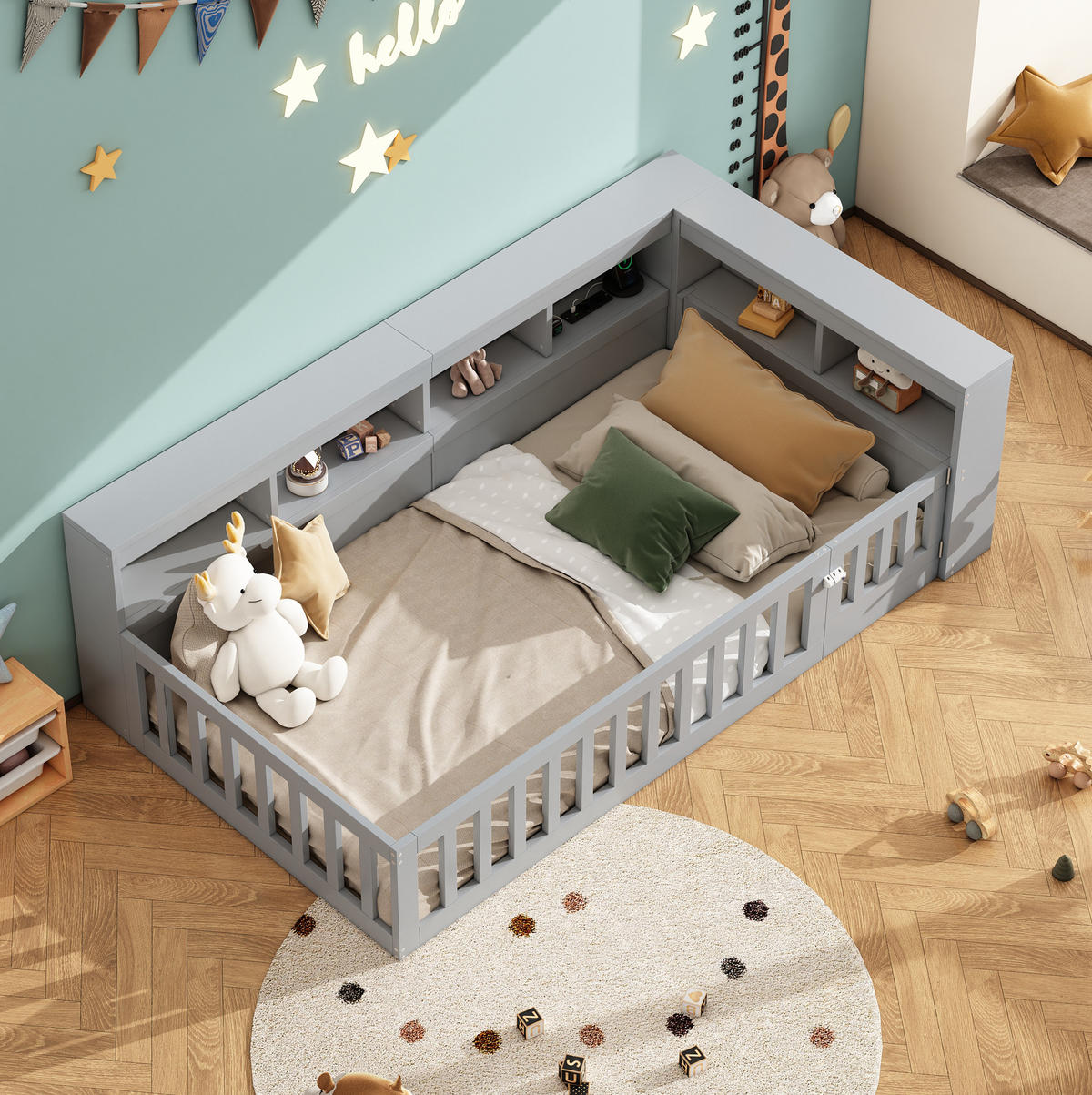 KINDEREINZELBETTEN aus Spanplatte & MDF 90x200 cm in Grau mit USB, Steckdose & Stauraum - Grau, Holzwerkstoff (90/200cm) - Modfu