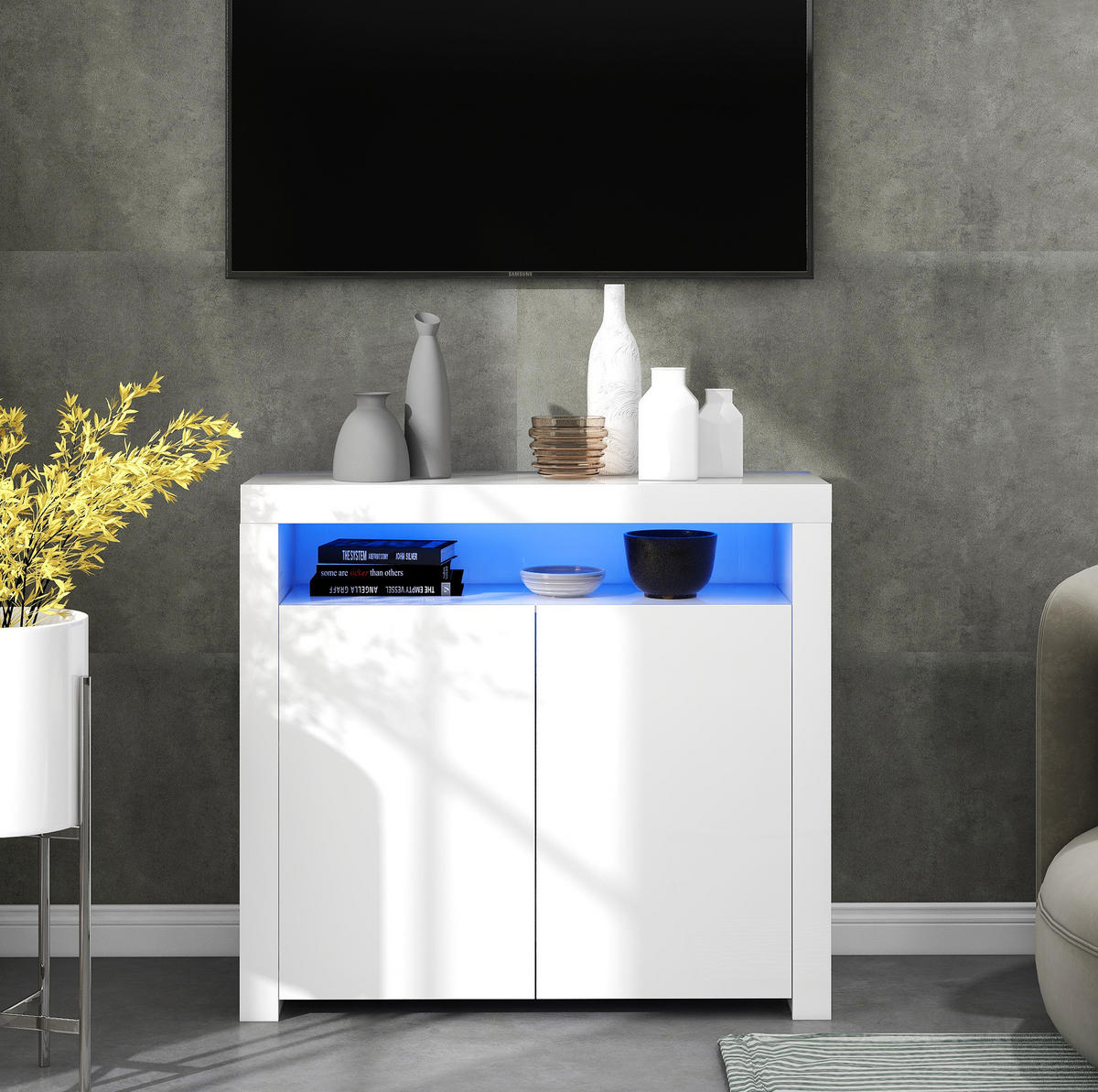 SIDEBOARD 108/40/92 cm in Weiß Hochglanz mit LED-Beleuchtung & 2 Türen - Weiß, Holzwerkstoff (108/92/40cm) - BEAOK