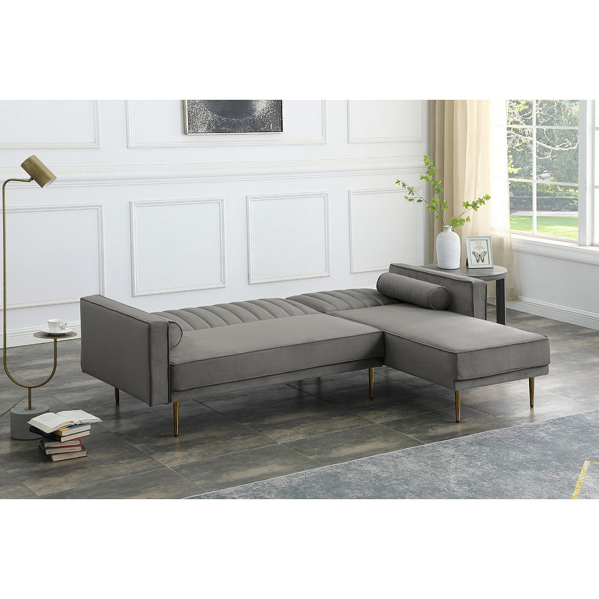 ECKSOFA mit Schlaffunktion - Dunkelgrau/Goldfarben, Textil/Metall (223/144cm) - home24