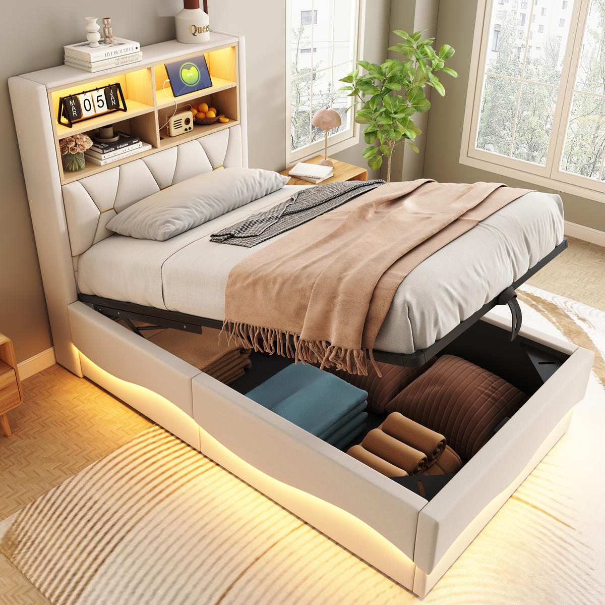 KINDERBETT 90/200 cm aus Leinen und Metall mit LED-Beleuchtung, USB-Anschluss und Stauraum Beige - Beige, Metall (90/200cm) - Modenvie