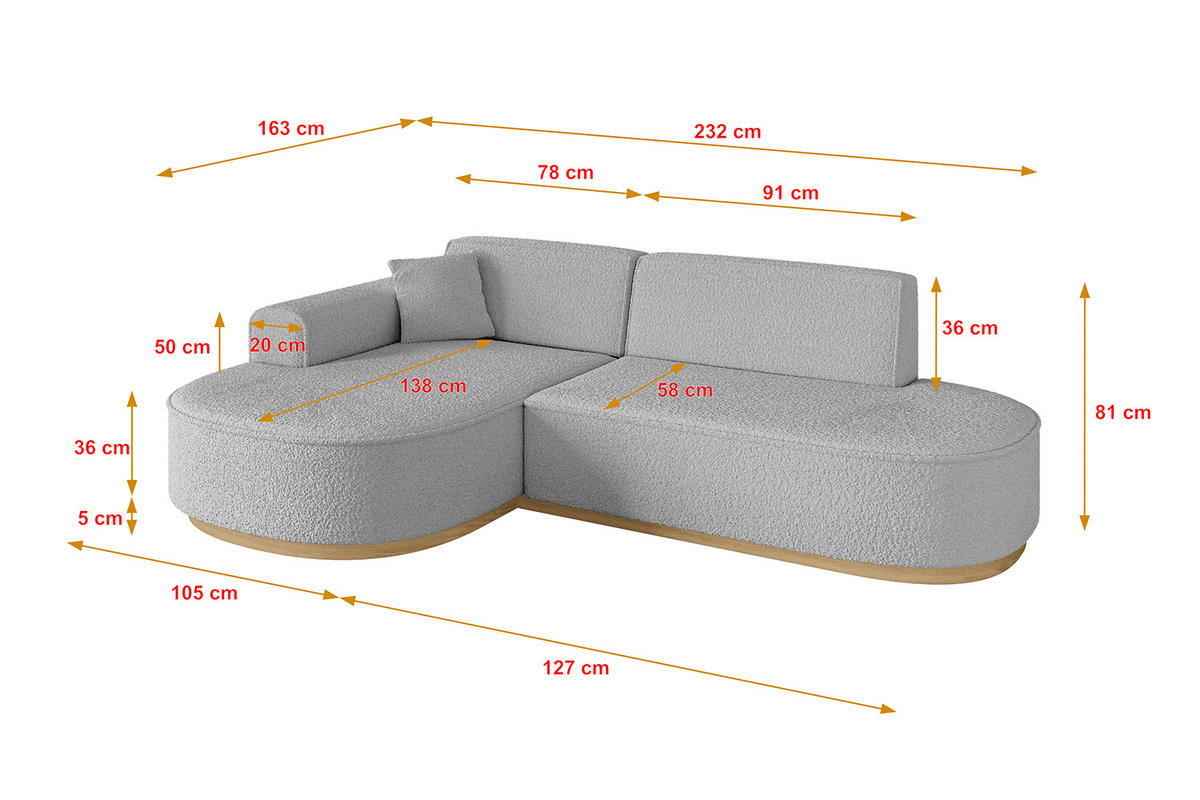 ECKSOFA Ottomane Links MARI-L1-v2 - 243x171x83 cm Hellgrau Bouclé - Hellgrau, Holzwerkstoff/Textil (243/171cm) - ALTDECOR