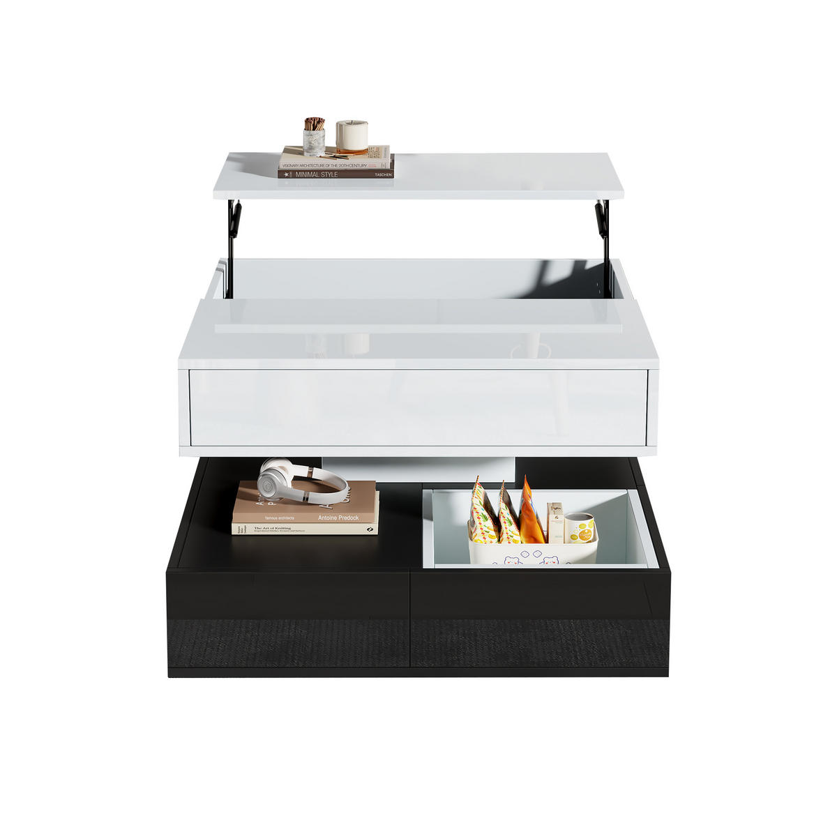 COUCHTISCH 70/70cm mit drehbarer Tischplatte 3 Schubladen in Hochglanz Schwarz-Weiß - Weiß, Holzwerkstoff (70/70/40cm) - OKWISH