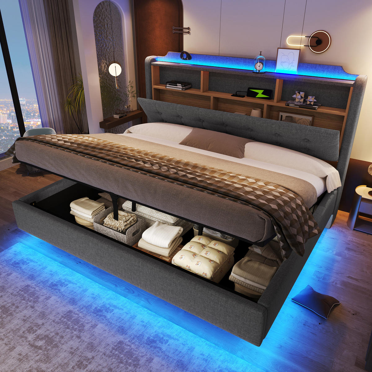 POLSTERBETT 180/200 mit Bettkasten, LED und USB aus Leinen - Grau, Holzwerkstoff/Textil (180/200cm) - EVRYAE