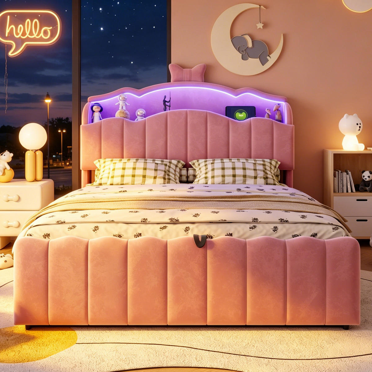 KINDERBETT 140x200cm Samt LED Kopfteil Stauraum USB Rosa - Pink, Metall (140/200cm) - FLIEKS