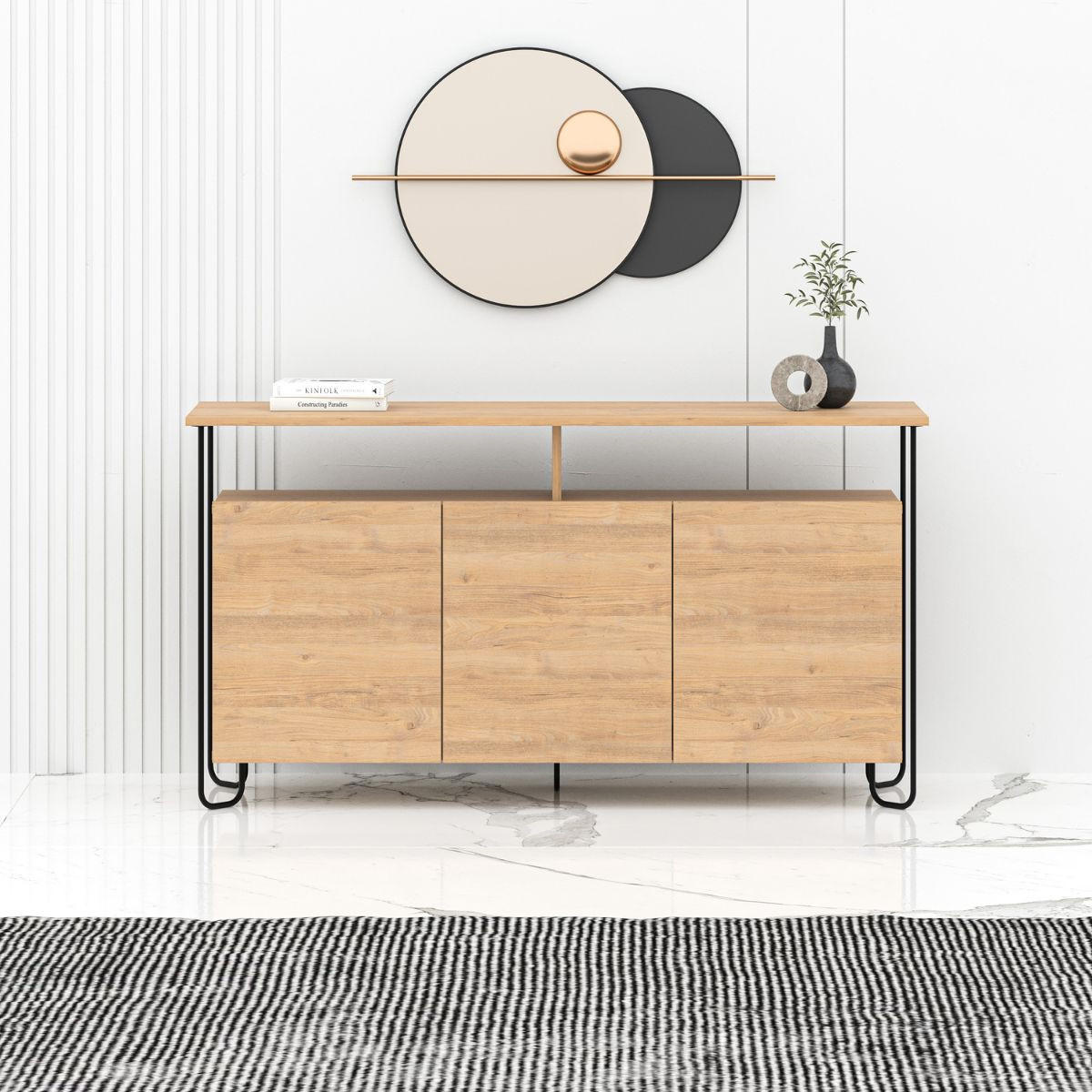 BUFFET 3 Türen und Metallfüße Dilly - L130 cm - Apfelbaumfarben, Holzwerkstoff (40/80/130cm) - Calicosy