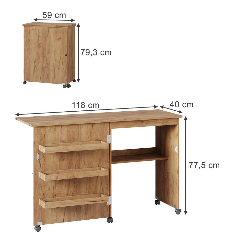 NÄHTISCH Carmen Eiche 118 x 77.5 cm mit 3 Regalfächer - Eichefarben, Holzwerkstoff (40/118/77.5cm) - Vicco