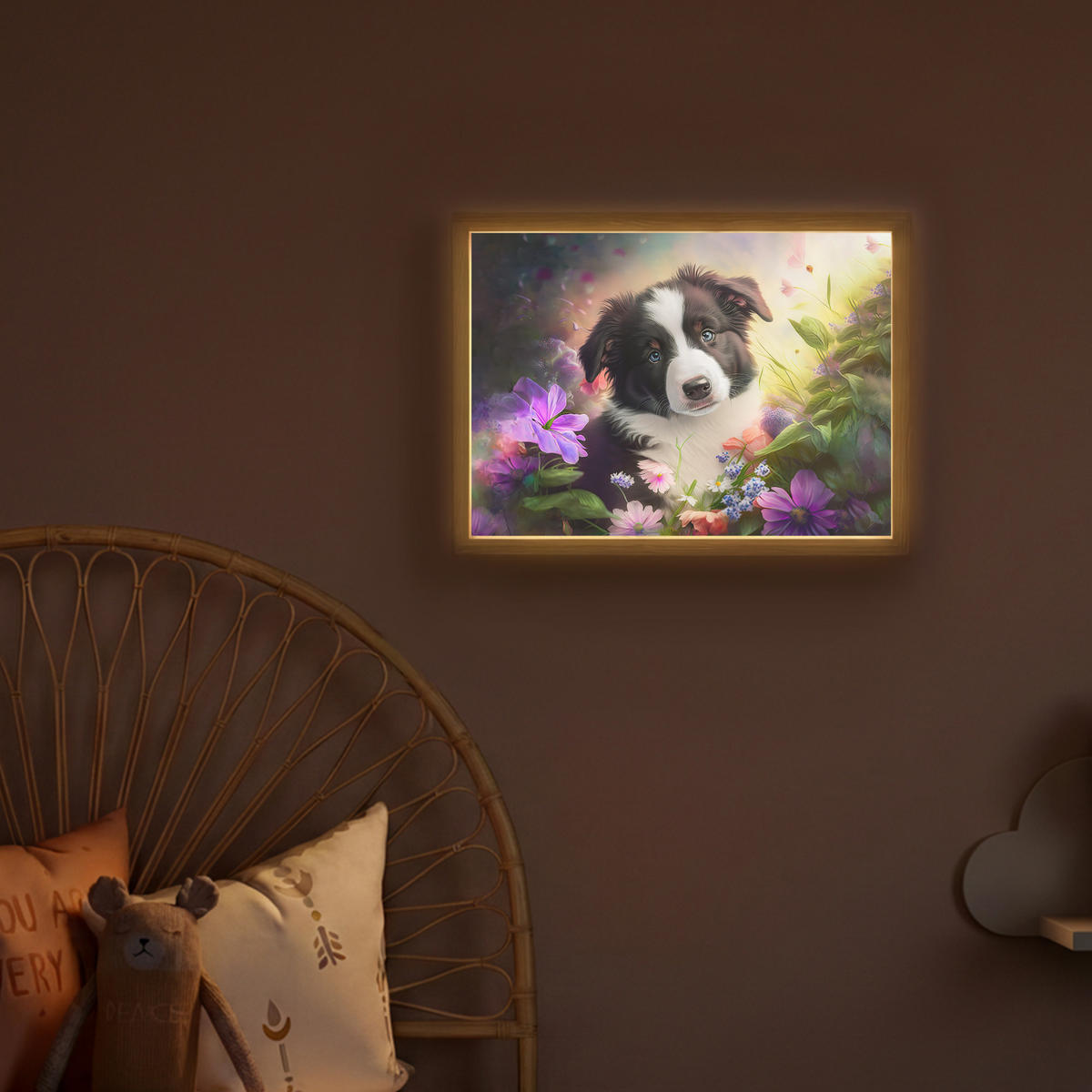 DOBÍJECÍ NOČNÍ LAMPIČKA Štěně - Slunce - Květiny - Příroda - Border kolie - Pes 40x30 cm - fialová, kompozitní dřevo (8/40/30cm) - OnlyWow