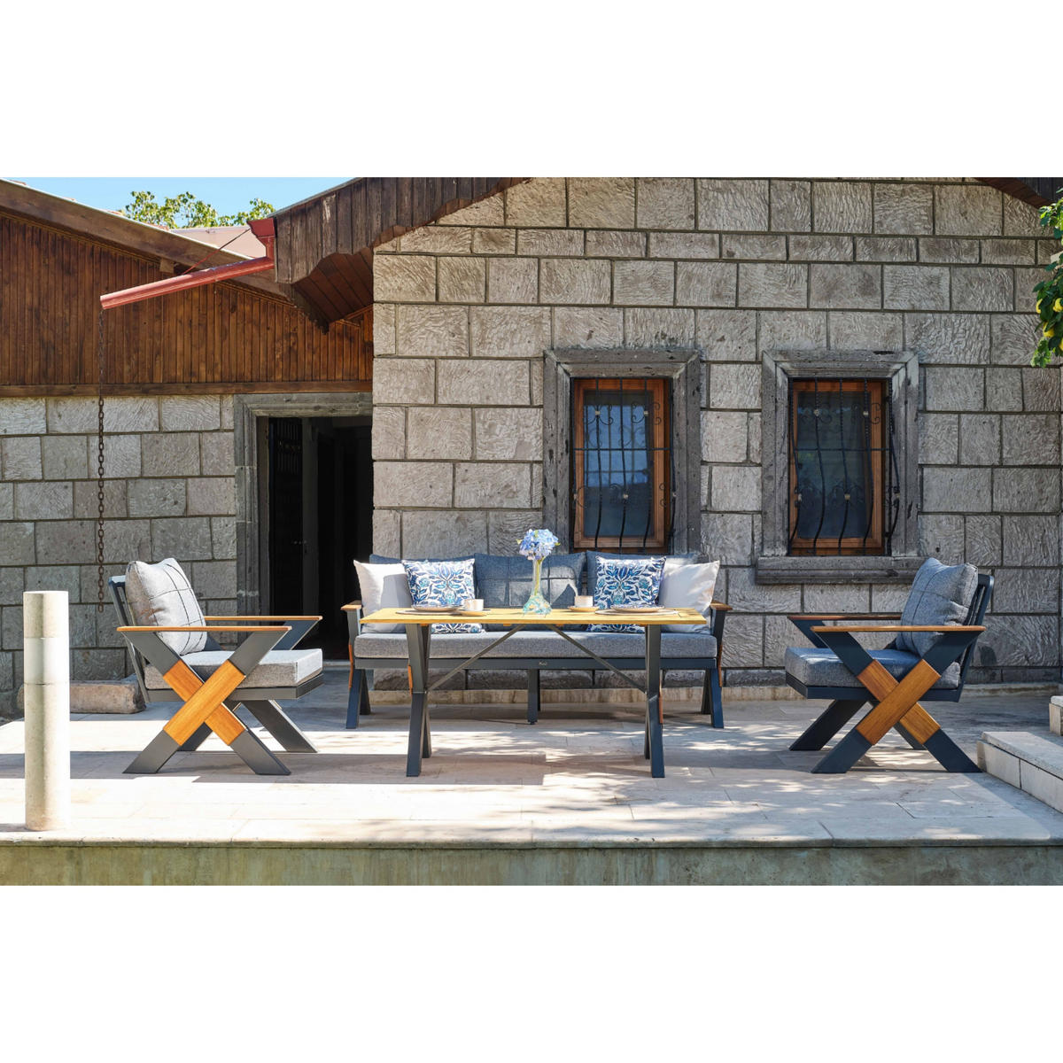 GARTENMÖBEL-SET 4-tlg. aus Irokoholz Lotus Anthrazit - Anthrazit, Holz/Metall - Gowoll