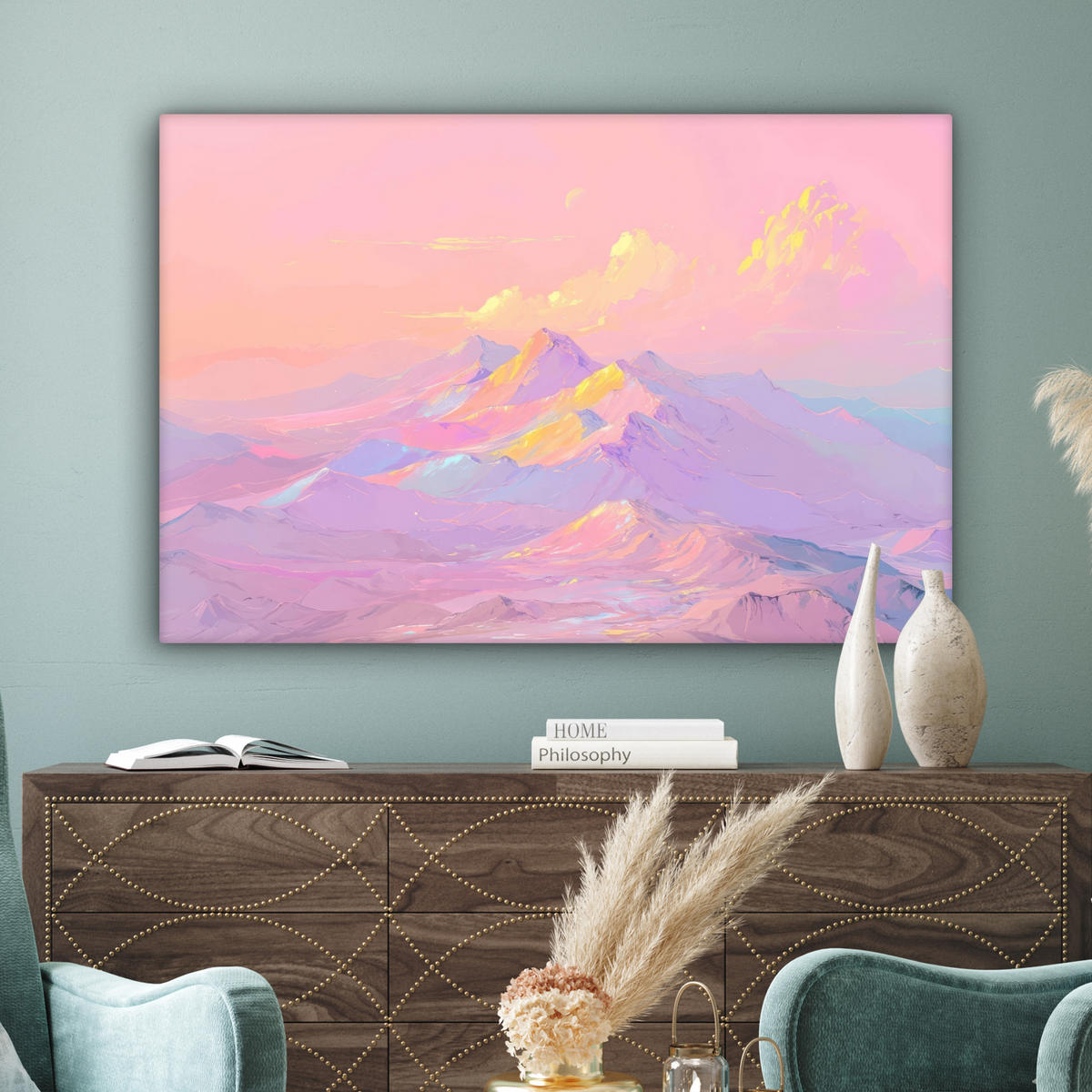 LEINWANDBILD Berggipfel - Wolken - Verträumt XXL 150x100 cm - Hellrosa, Textil (150/100cm) - MuchoWow