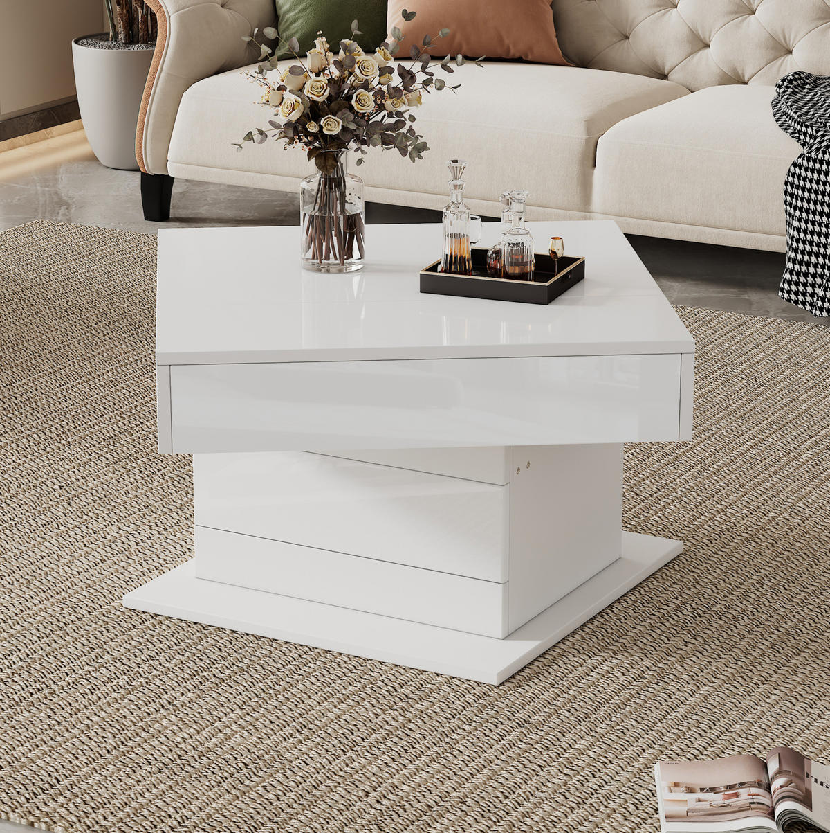 COUCHTISCH aus Spanplatte 70x70x45 cm Weiß mit drehbarer, höhenverstellbarer Tischplatte und verstecktem Stauraum - Weiß, Holzwerkstoff (70/70/45cm) - Modfu