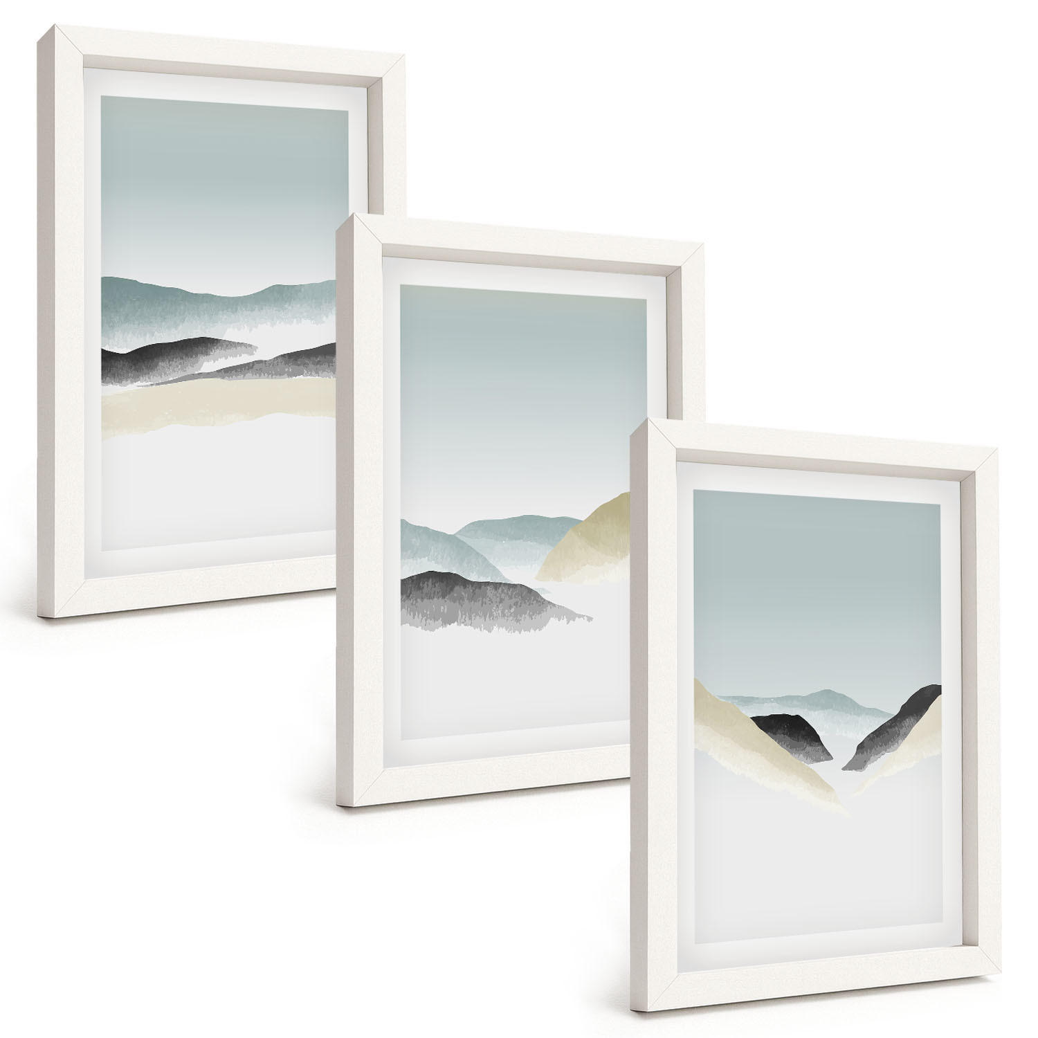BILDER SET 3er Set - 20x30 cm Weißer Rahmen - Minimalistische Pastellberge - Weiß, Kunststoff (20/30cm) - TULUP