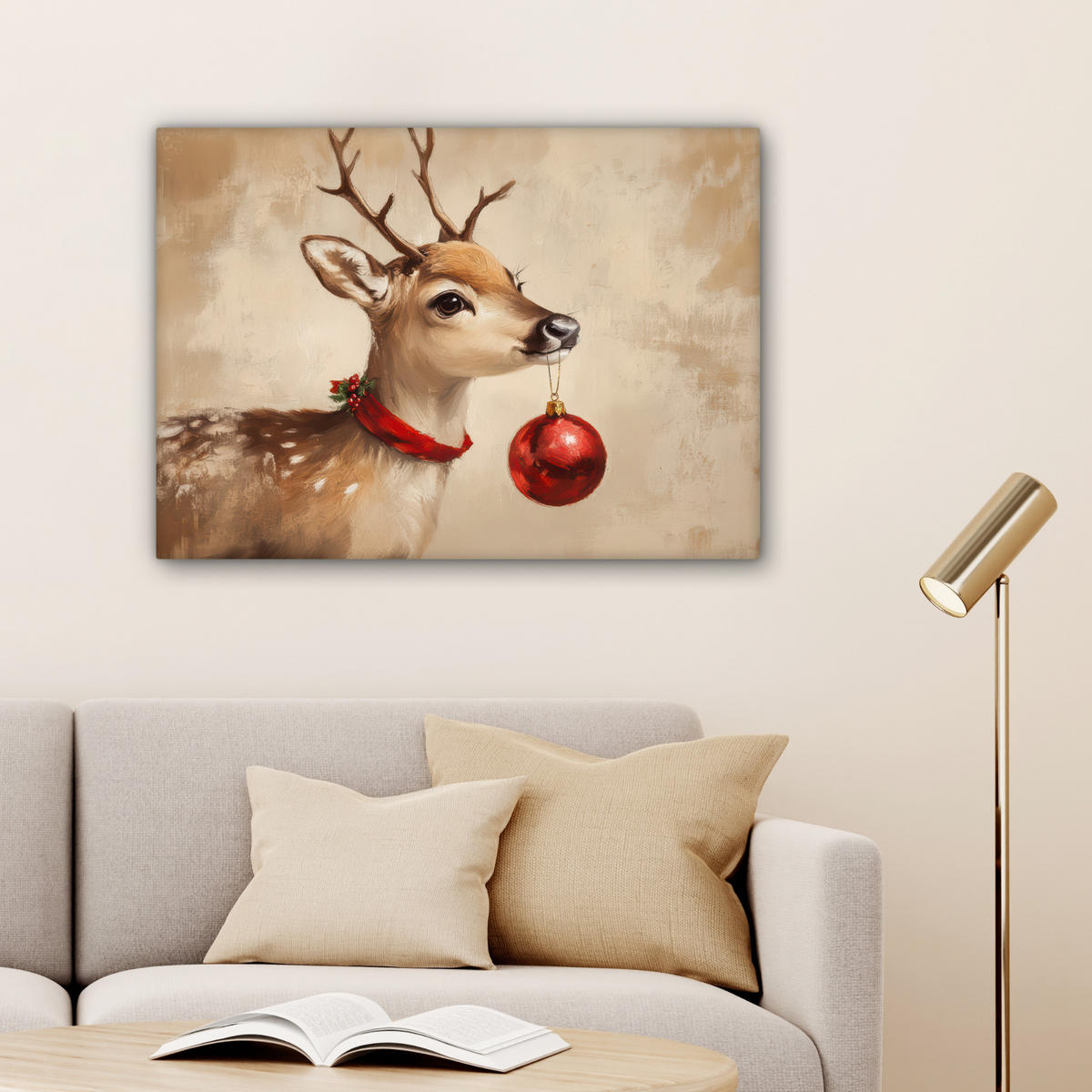 LEINWANDBILD Weihnachten - Hirsch - Geweih - Weihnachtskugel - Rentier Wandbilder 80x60 cm - Hellbraun, Textil (80/60cm) - MuchoWow