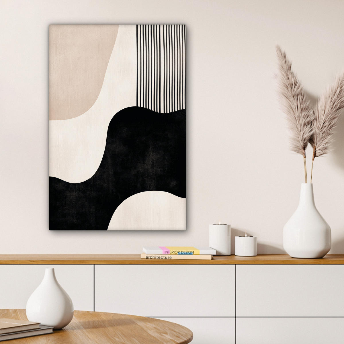 LEINWANDBILD Abstrakt - Japandi - Beige - Modern Wanddeko Schlafzimmer 60x90 cm - Schwarz, Textil (60/90cm) - MuchoWow