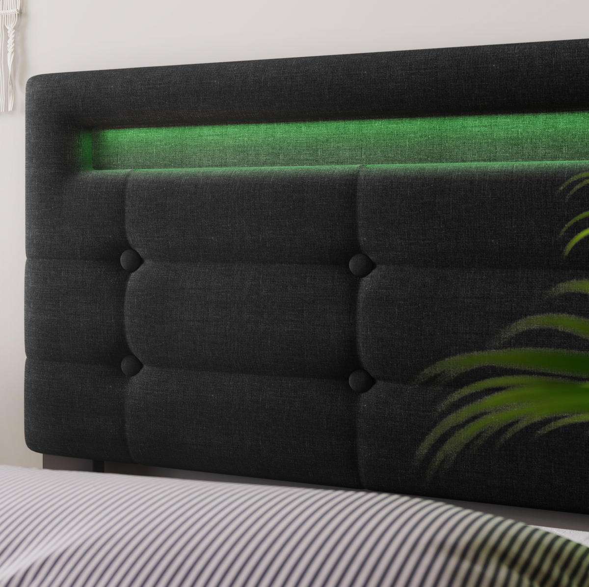 BETT mit LED und 4 Schubladen 140x200 cm Leinen Schwarz inkl. Matratze - Schwarz, Metall (140/200cm) - Meubliv