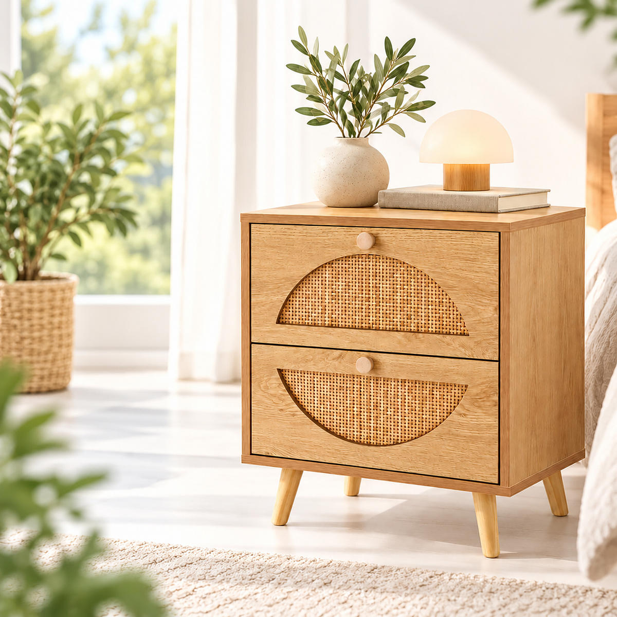 NACHTTISCH Natur Rattan 2 Schubladen - Hellbraun, Holz/Holzwerkstoff (40/52/35cm) - Relaxdays