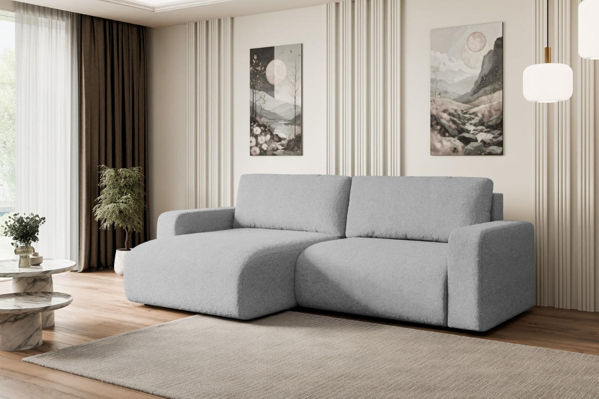ECKSOFA mit Schlaffunktion und Bettkasten KLEEA-L - 247x143x83 cm Hellgrau Bouclé - Hellgrau/Schwarz, Holzwerkstoff/Kunststoff (247/143cm) - ALTDECOR