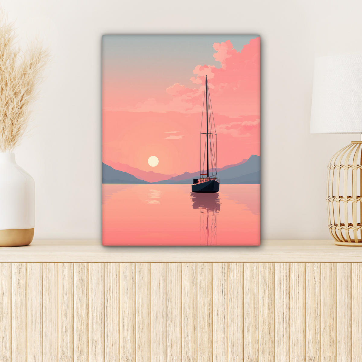LEINWANDBILD Segelboot - Rosa Meer - Sonnenuntergang - Berge Room Decor 30x40 cm - Rosa, Textil (30/40cm) - MuchoWow