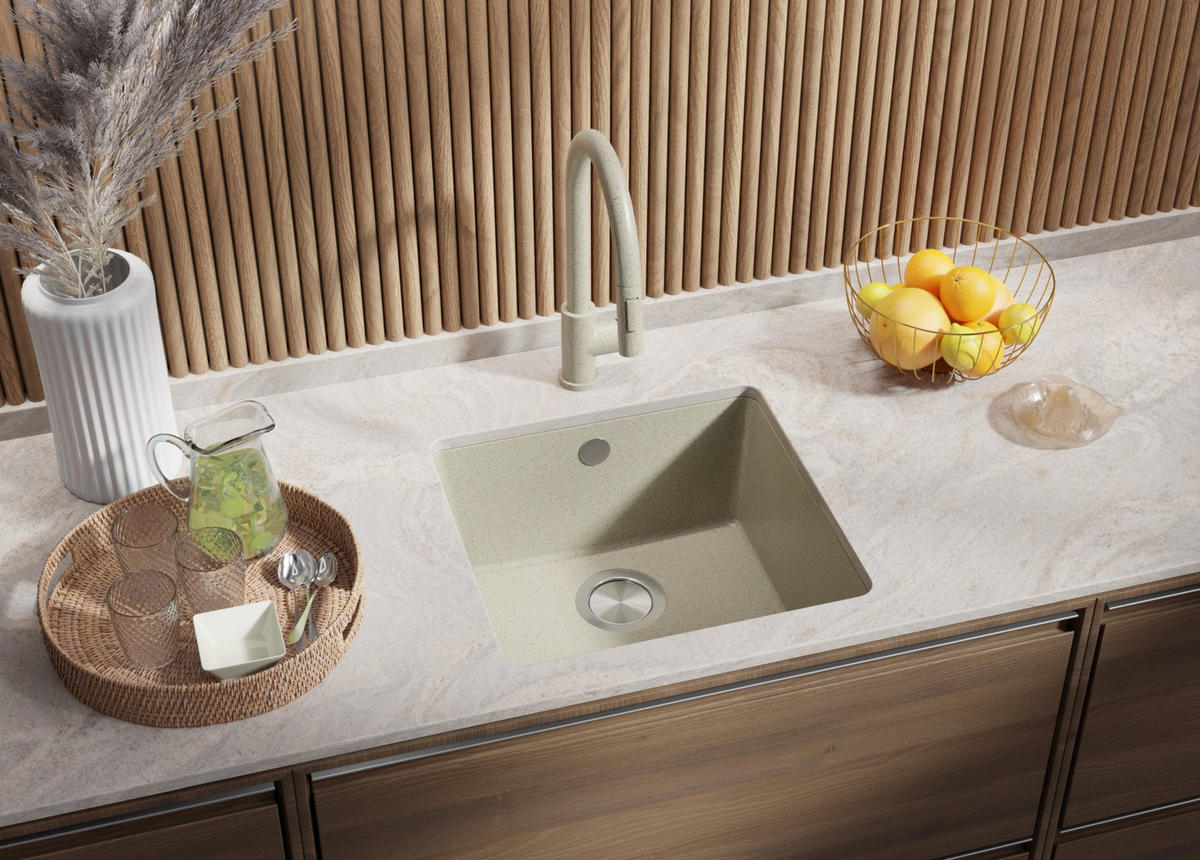 UNTERBAUSPÜLE GRANIT Venedig Easy, 2-er set Beige 46/44 cm 1 Becken + Küchenarmatur 38/14 cm + Ablauf-Set ab 50er Unterschrank - Beige, Kunststoff (46/20/44cm) - Primagran