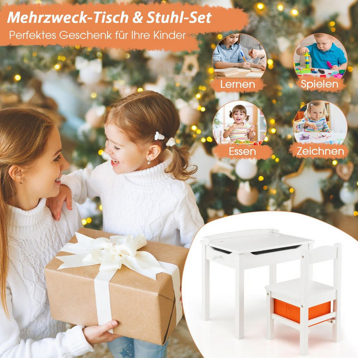 KINDERTISCH‑SET aus Massivholz weiß(2-tlg) - Weiß, Holz (59/55/40cm) - COSTWAY
