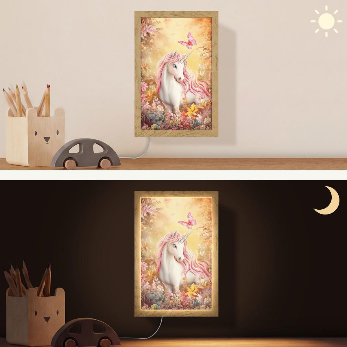 NÁSTĚNNÁ LAMPA Jednorožec - Květiny - Motýl - Růžová 20x30 cm - béžová, kompozitní dřevo (20/30/8cm) - OnlyWow
