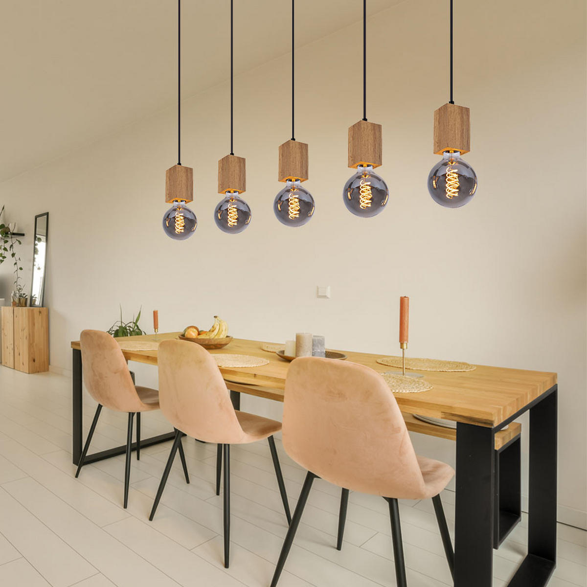 HÄNGELEUCHTE 5 Flammig Holzoptik Braun - Braun, Metall (115/6/120cm) - Globo Lighting