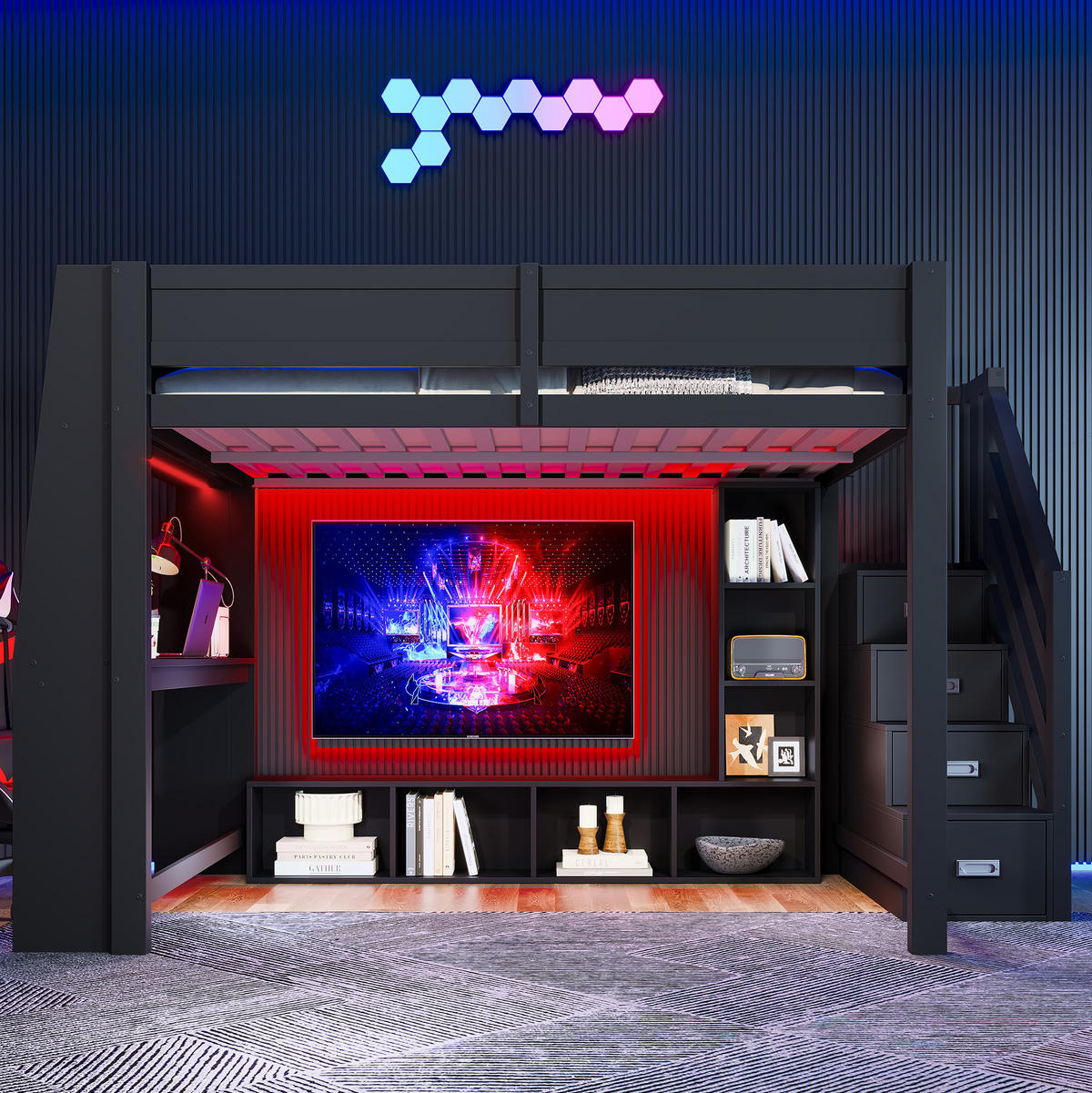 HOCHBETT 140/200 cm, Schwarz mit Schreibtisch und LED-Beleuchtung - Schwarz, Holzwerkstoff (140/200cm) - MIVRAY